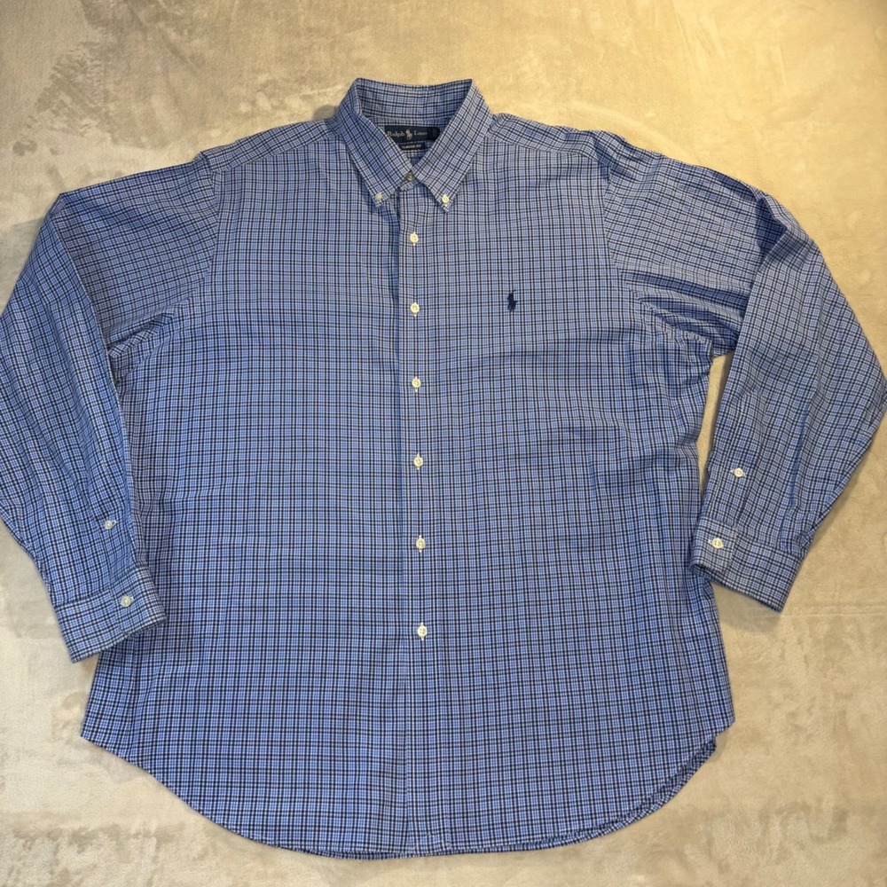 Ralph Lauren Classic Fit Blue Check Button Down Shirt Mens XL Long Sleeve Pony
